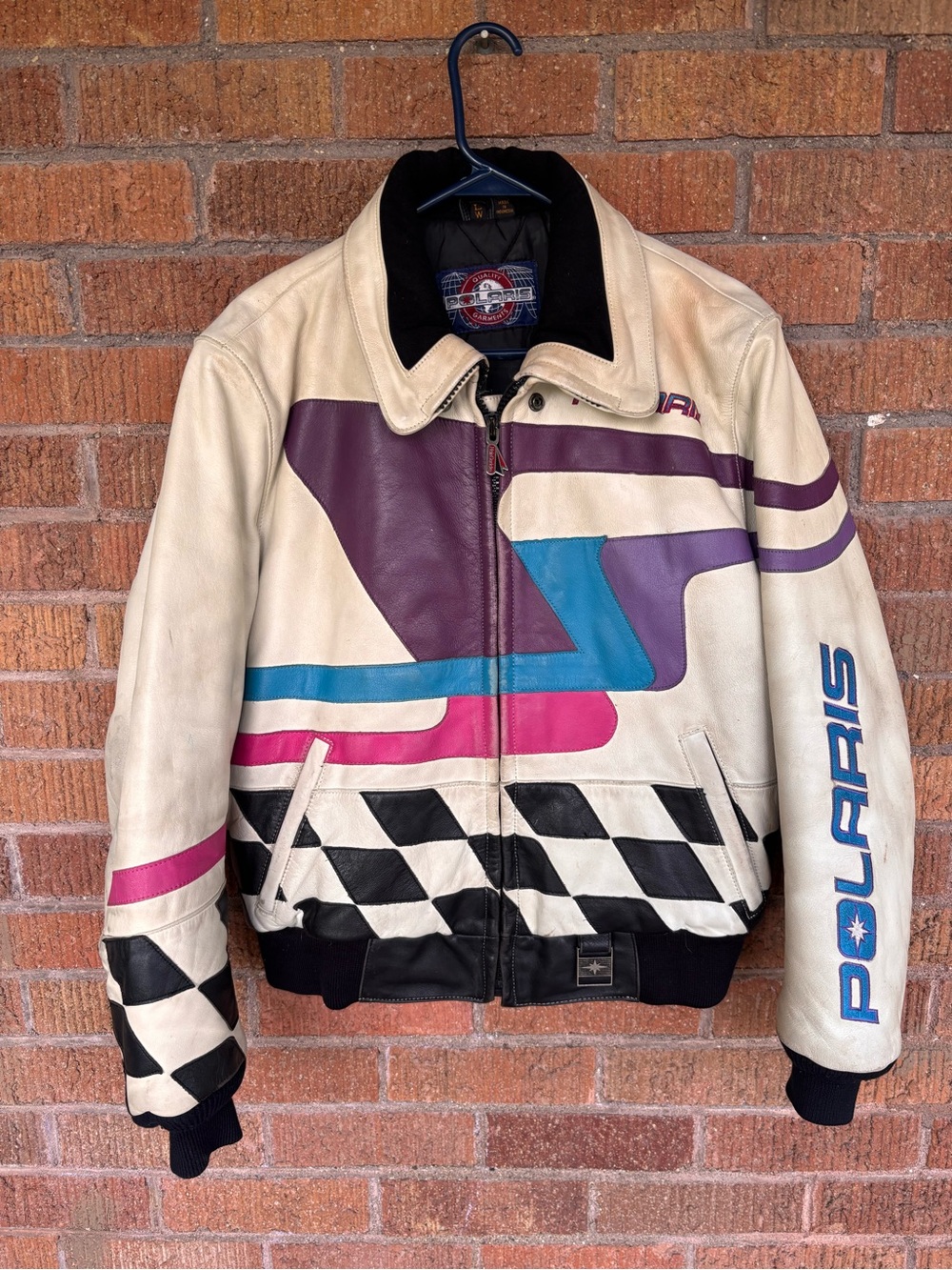 Vtg 90s Polaris Leather Bomber Snowmobile Jacket Womens Size L White Colorful